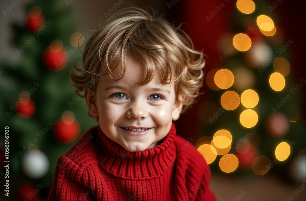 Portrait of Little Smiling Boy in Red Wool Sweater with Curly Hair on Festive Christmas Background. High quality photo Portrait of Little Smiling Boy in Red Wool Sweater with Curly Hair on Festive Christmas Background. High quality photo