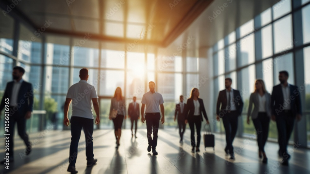 Blurred background of people walking in a modern office building with green trees and sunlight , eco friendly and ecological responsible business concept image with copy space Blurred background of people walking in a modern office building with green trees and sunlight , eco friendly and ecological responsible business concept image with copy space