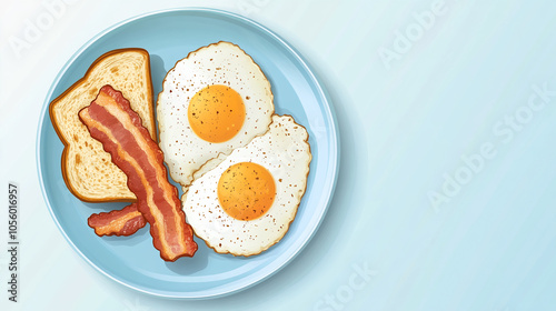 Wallpaper Mural Digital illustration of breakfast plate with fried eggs, bacon strips, and toast. Food art with copy space on light blue background. Torontodigital.ca
