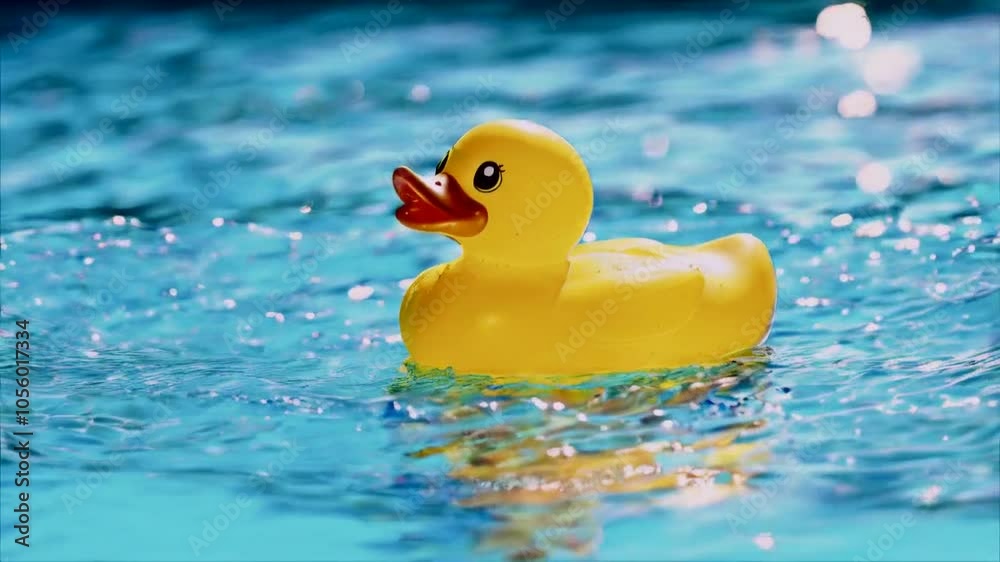 A yellow rubber duck can drift relaxed from top to bottom through the picture, on the sparkling and crystal-clear water of a pool in the summer light A yellow rubber duck can drift relaxed from top to bottom through the picture, on the sparkling and crystal-clear water of a pool in the summer light