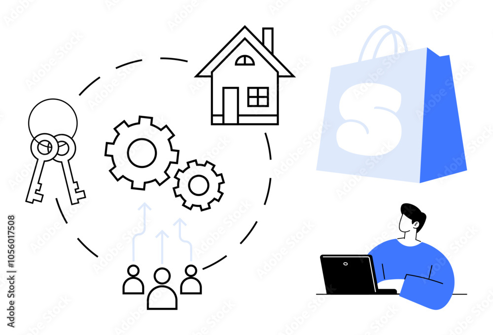 Key elements include house, keys, gears, shopping bag and person on laptop. Ideal for real estate, e-commerce, teamwork, digital business, online shopping. Clean and modern style Key elements include house, keys, gears, shopping bag and person on laptop. Ideal for real estate, e-commerce, teamwork, digital business, online shopping. Clean and modern style