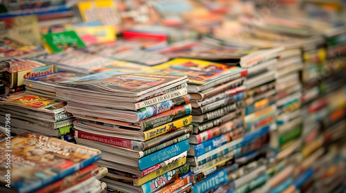 Colorful Stack of Magazines and Books at a Bookstore