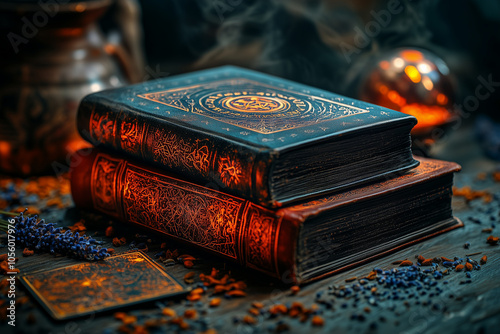 Divination crystal ball, tarot cards and magic book on a table.....