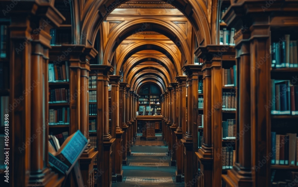 A long library hallway filled with bookshelves and arches A long library hallway filled with bookshelves and arches