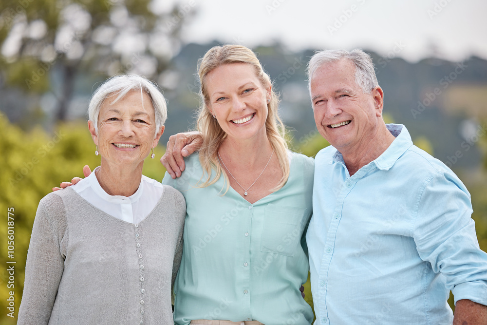 Smile, portrait and woman with senior mother, father and hug in nature, park and summer for holiday. Happy, love and lady embracing parents with care for family vacation, adventure or weekend break Smile, portrait and woman with senior mother, father and hug in nature, park and summer for holiday. Happy, love and lady embracing parents with care for family vacation, adventure or weekend break