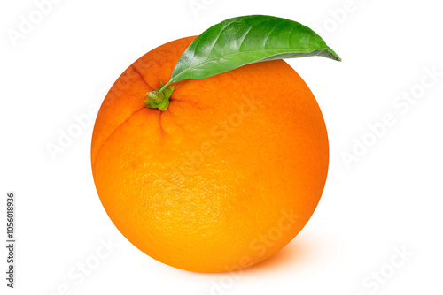 Whole orange with leaf on isolated white background.