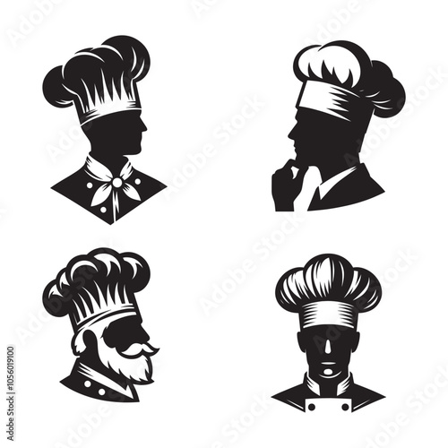 Chef Hat Silhouettes set, vector styled chef hat silhouette set, black and white chef hat illustration