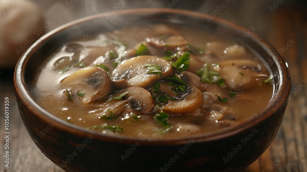 Delicious Mushroom Soup in a Rustic Bowl with Steam   Close Up