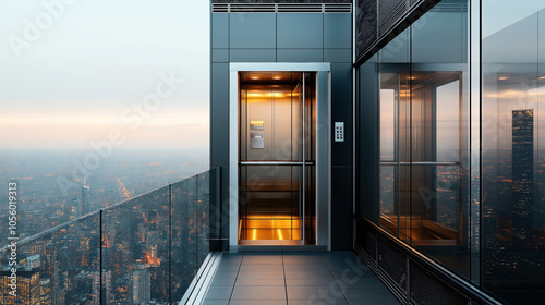 Modern glass elevator on a high-rise building exterior with cityscape view during twilight, showcasing urban architecture and city lights.