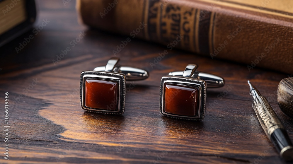 Amberstone cufflinks in a square setting, isolated on a dark wood surface, with small vintage books and ink pens Amberstone cufflinks in a square setting, isolated on a dark wood surface, with small vintage books and ink pens