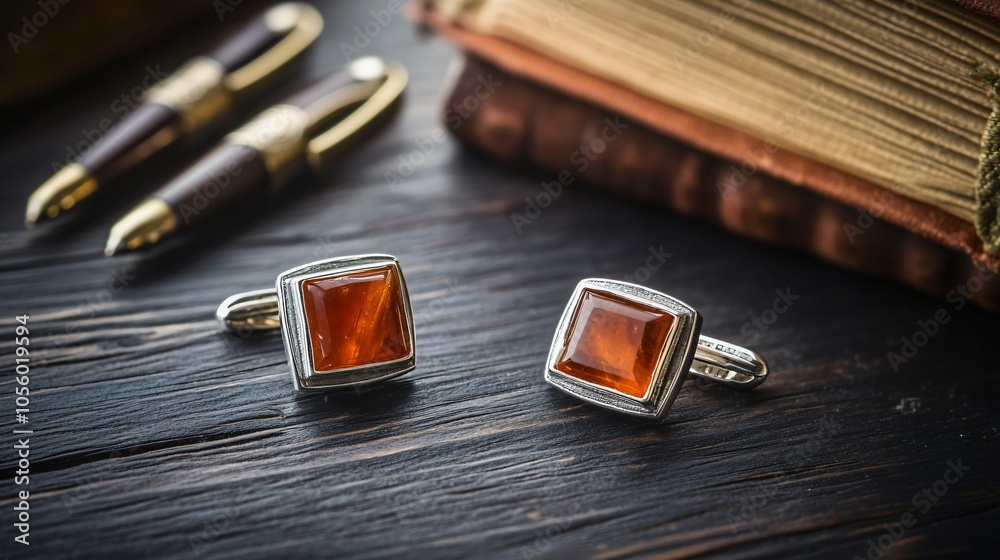 Amberstone cufflinks in a square setting, isolated on a dark wood surface, with small vintage books and ink pens Amberstone cufflinks in a square setting, isolated on a dark wood surface, with small vintage books and ink pens