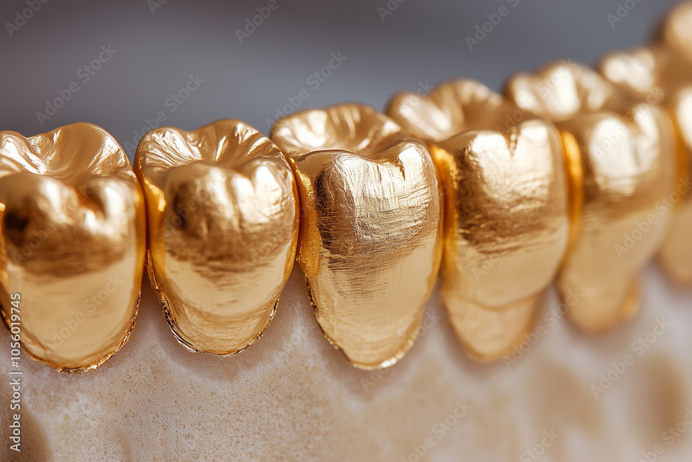 Gold dental crowns implants close up background.