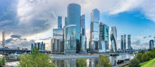 Canvas Print High buildings of Moscow-City at Moskva River at summer sunset, Russia