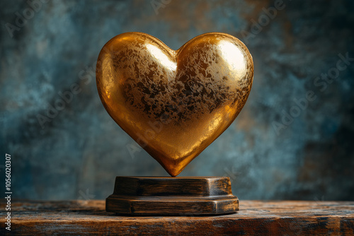 Golden award trophy in the shape of a golden heart on a dark background.