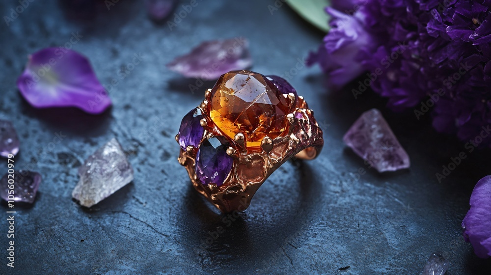 Amberstone ring with dual stones in rose gold, isolated on a charcoal background, with amethyst crystals and flower petals