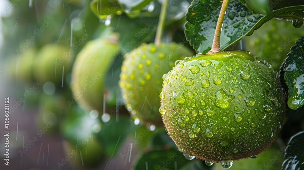 Closeup of green apples covered in raindrops on a tree branch with blurred background of leaves and rain. Closeup of green apples covered in raindrops on a tree branch with blurred background of leaves and rain.