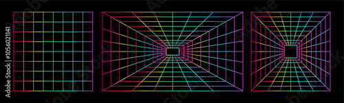 Rave psychedelic retro futuristic wireframe grid backgrounds vector set. Cyberpunk elements with vibrant rainbow gradient 3d perspective. Trendy, 90s style. Retrofuturistic y2k shapes from 00s, 90s, 8