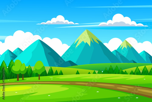 cartoon landscape of green spring fields with mountains in the background