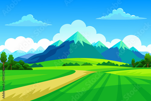 cartoon landscape of green spring fields with mountains in the background