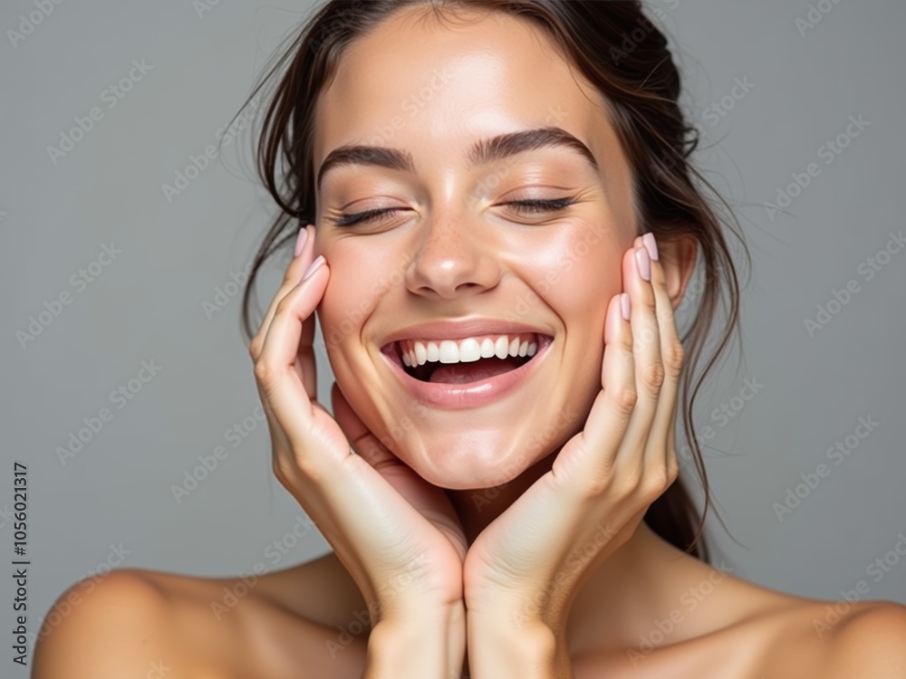 Young Woman With Radiant Skin Smiling Warmly, Showing Joy and Confidence Against a Neutral Backdrop in a Studio Setting Young Woman With Radiant Skin Smiling Warmly, Showing Joy and Confidence Against a Neutral Backdrop in a Studio Setting