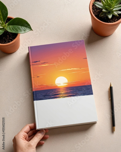 Mockup plantilla libro con una fotografía en portada de un atardecer en el mar y un espacio en blanco, hay una mano que lo está colocando sobre una mesa junto a un bolígrafo y dos macetas con plantas  photo