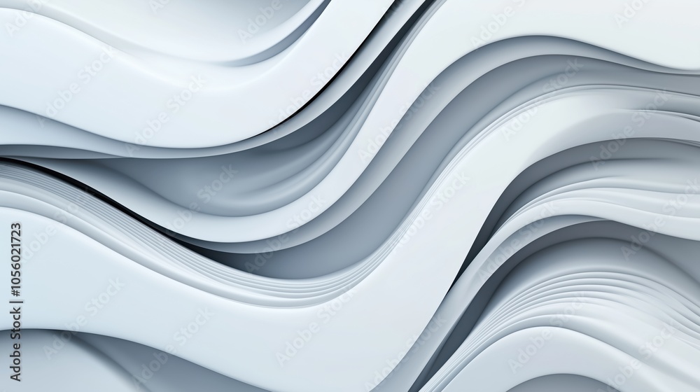 Abstract 3D of smooth, white, layered wave-like surfaces creating a flowing and dynamic pattern. Abstract 3D of smooth, white, layered wave-like surfaces creating a flowing and dynamic pattern.