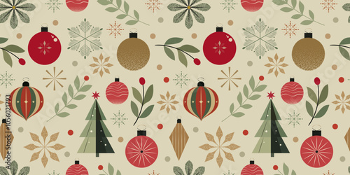 Seamless retro Christmas pattern in minimalist style with elegant holiday elements Christmas baubles, pine branches, stylized trees, leaves, and snowflakes. Soft color palette with red, green, beige