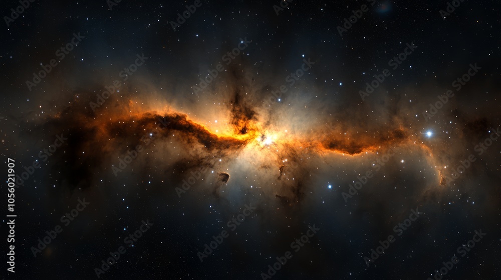 A vibrant orange nebula bursts with light and color against a backdrop of dark space and twinkling stars. A vibrant orange nebula bursts with light and color against a backdrop of dark space and twinkling stars.