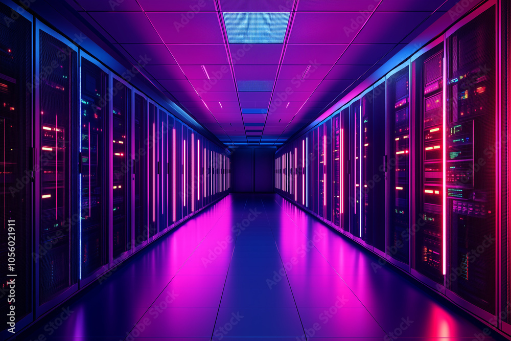 Fototapeta premium A high-speed 5G data center with advanced cooling systems.A wide hallway within a data center illuminated by purple and blue lights