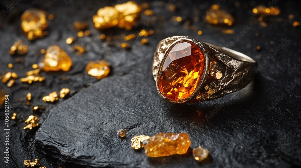 Raw amberstone ring in a rough metal setting, isolated on a black stone background, with scattered gold nuggets and quartz Raw amberstone ring in a rough metal setting, isolated on a black stone background, with scattered gold nuggets and quartz