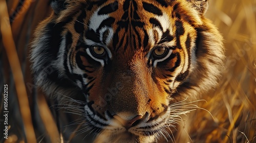 A close-up image of an endangered tiger in the wild, highlighting the importance of conservation efforts to protect the species. photo