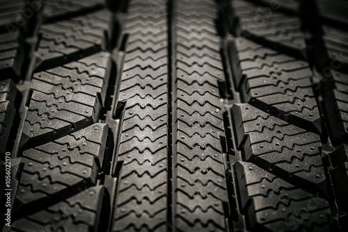 Obraz na plátne Close-up of a winter tire tread pattern, showcasing the intricate grooves and zigzag details designed for enhanced traction on icy and snowy roads, ensuring durability and safety