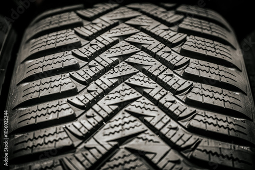 Fotografie Macro close-up of a rugged tire tread, highlighting the deep, aggressive grooves designed for maximum traction on winter roads