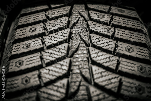 Macro close-up of a rugged tire tread, highlighting the deep, aggressive grooves designed for maximum traction on winter roads. Ideal for harsh conditions, showcasing durability and safety features. photo