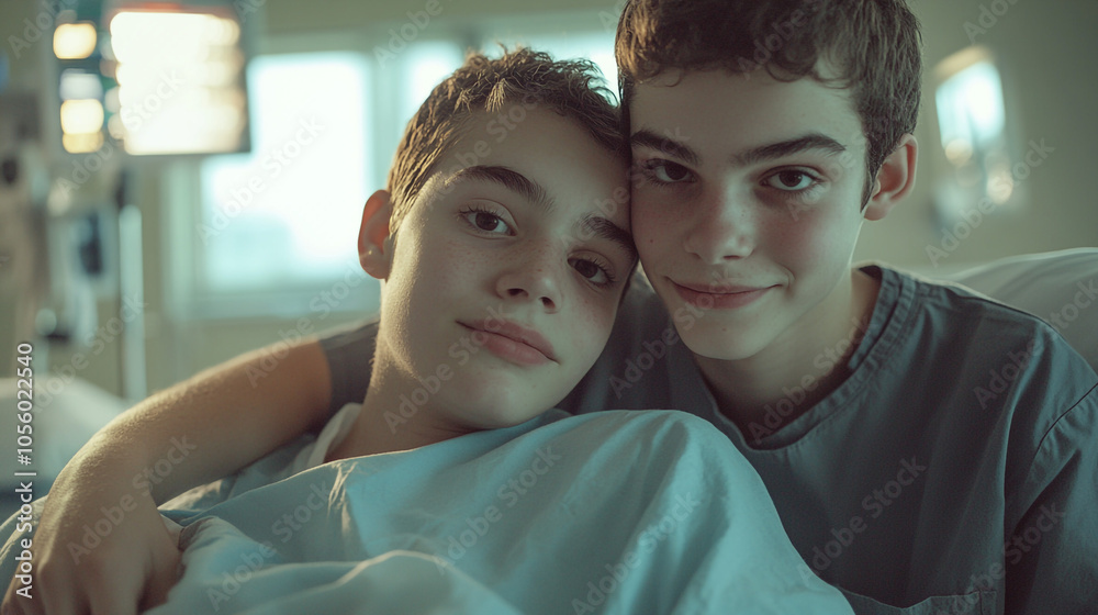 Hospital Room Two Boys Hugging Support Sick Care Get Well Soon Hospital Room Two Boys Hugging Support Sick Care Get Well Soon