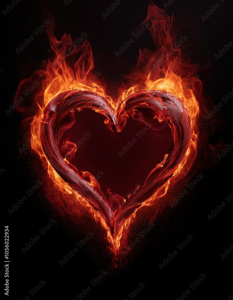 Flames are forming a heart shape on a black background