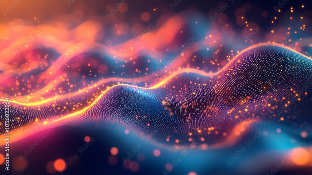 Abstract digital waves of particles with glowing lights