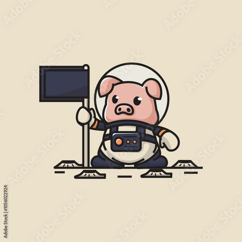 Cute pig astronaut moon Vector Icon Illustration Animal Nature Flat Cartoon Style
