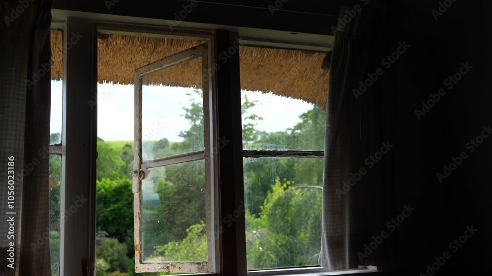 Man closing window and curtain in an old thatched house or cottage. Straw roof edge seen above window from dark room.