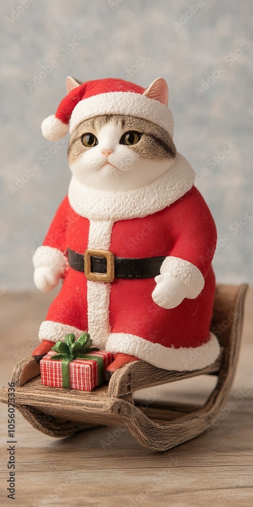 A whimsical cat figurine dressed as Santa Claus, sitting on a sleigh, embraces the festive spirit with wrapped gifts.