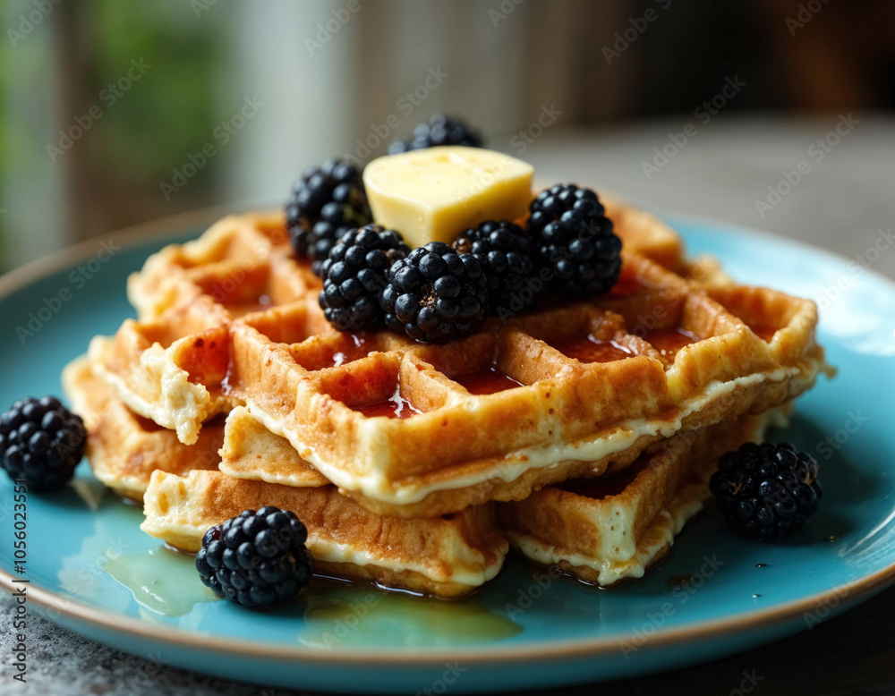 Golden waffles stacked neatly topped generously with fresh plump blackberries Golden waffles stacked neatly topped generously with fresh plump blackberries