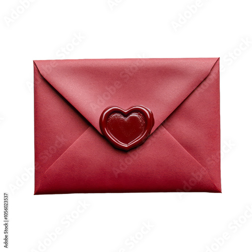 Red love letter envelope with a wax heart seal in the center isolated on a transparent background  photo