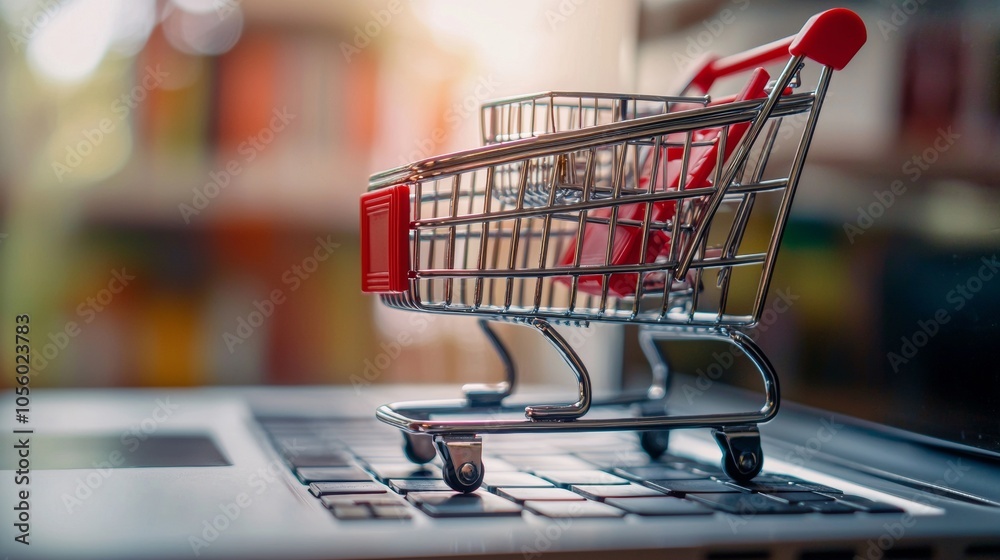 Shopping cart on a laptop keyboard symbolizing e-commerce Shopping cart on a laptop keyboard symbolizing e-commerce