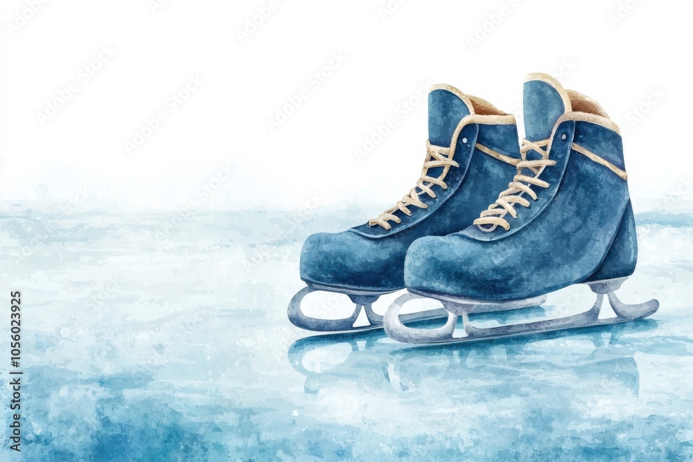 Blue ice skates on a frozen surface, white isolated background