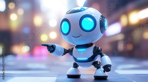 A cute white robot with blue glowing eyes