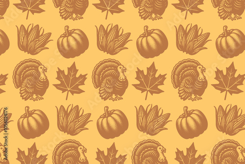 Thanksgiving Day seamless pattern. Beautiful orange patterned background. Turkey, pumpkin, corn, fallen autumn leaves. Vintage engraving illustration, sketch pattern, tactile print