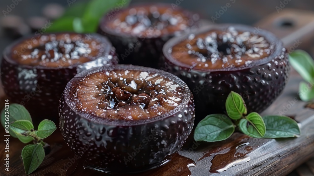 Four glazed, baked plums with fresh green leaves on a wooden board. Four glazed, baked plums with fresh green leaves on a wooden board.