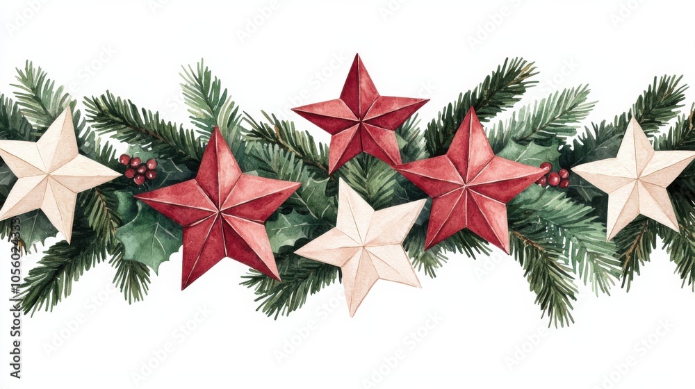 Festive garland with red and white stars on green pine branches, white isolate background. Festive garland with red and white stars on green pine branches, white isolate background.