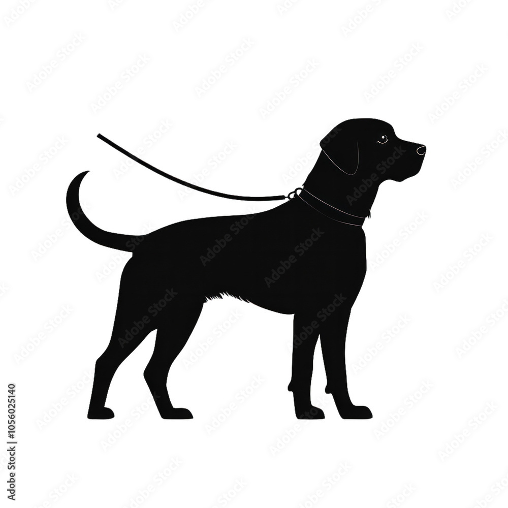 Silhouette of a dog character on a leash in a walking pose one paw raised and body slightly forward symbolizing movement isolated on a transparent background 