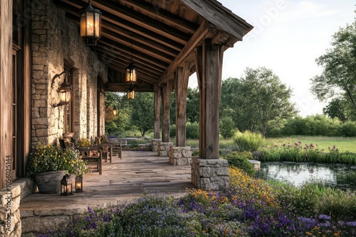 A rustic villa exterior with wooden beams, stone walls, a wrap-around porch, vintage lanterns, and wildflower gardens leading to a private pond.